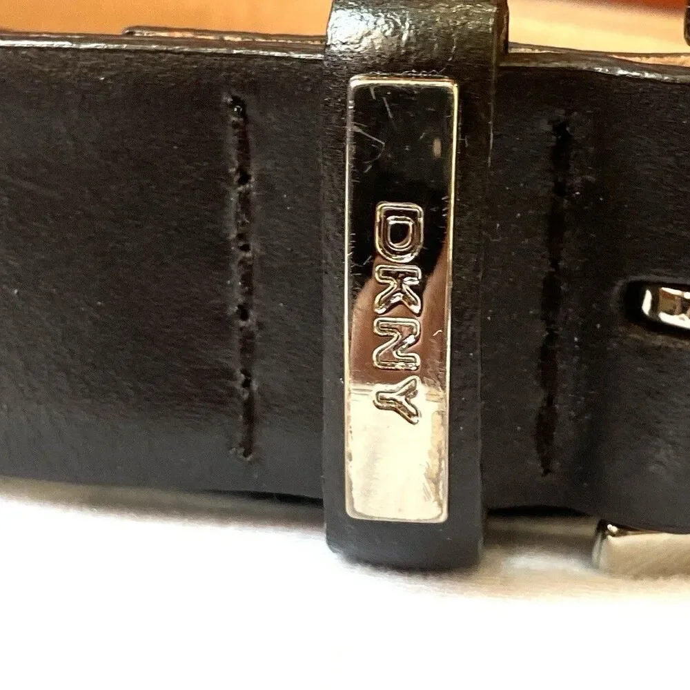 DKNY Black Logo Belt Silver Buckle Women's Size 36 Designer Fashion Donna Karen